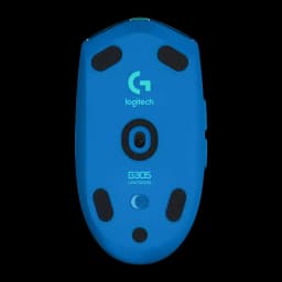 Logitech Souris G305 Lightspeed Wireless Bleu, vue dessous: capteur optique, patins et logo Logitech G turquoise
