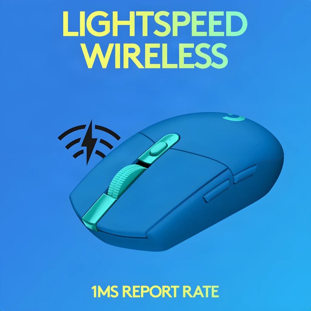 Logitech Souris G305 Lightspeed Wireless Bleu, vue latérale: souris bleue avec molette turquoise et icône de connexion