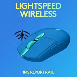 Logitech Souris G305 Lightspeed Wireless Bleu, vue latérale: souris bleue avec molette turquoise et icône de connexion