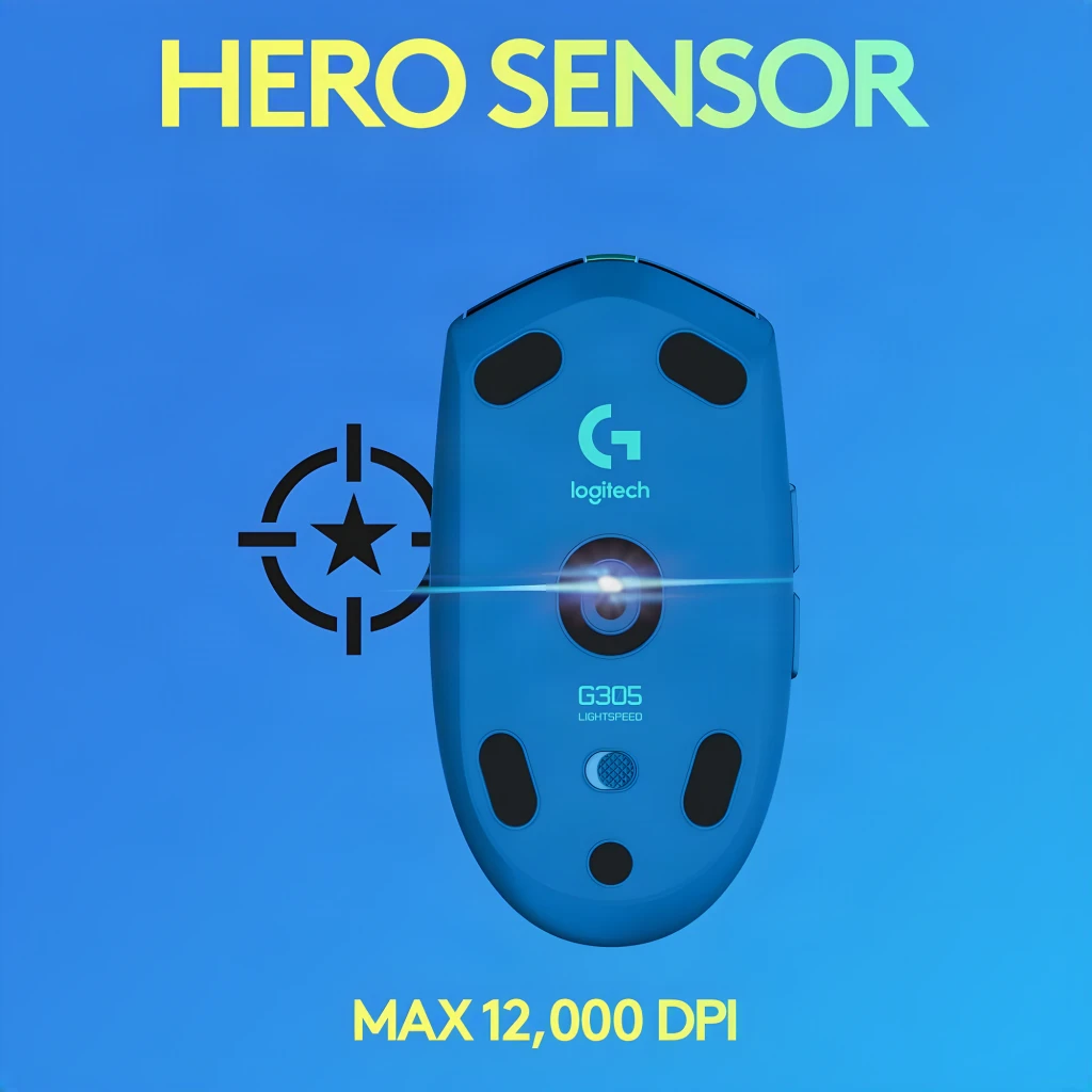 Logitech Ratón G305 Lightspeed Wireless Azul, vista superior: logo G iluminado en turquesa y rueda de desplazamiento - Ítem6