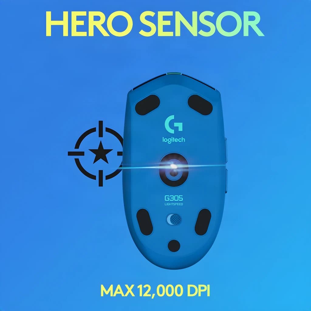 Logitech Souris G305 Lightspeed Wireless Bleu, vue dessous: capteur HERO mis en avant avec texte Max 12000 DPI