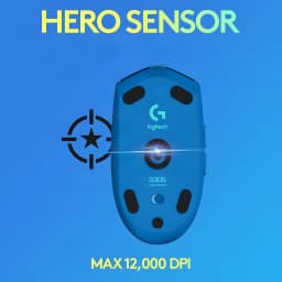 Logitech Souris G305 Lightspeed Wireless Bleu, vue dessous: capteur HERO mis en avant avec texte Max 12000 DPI