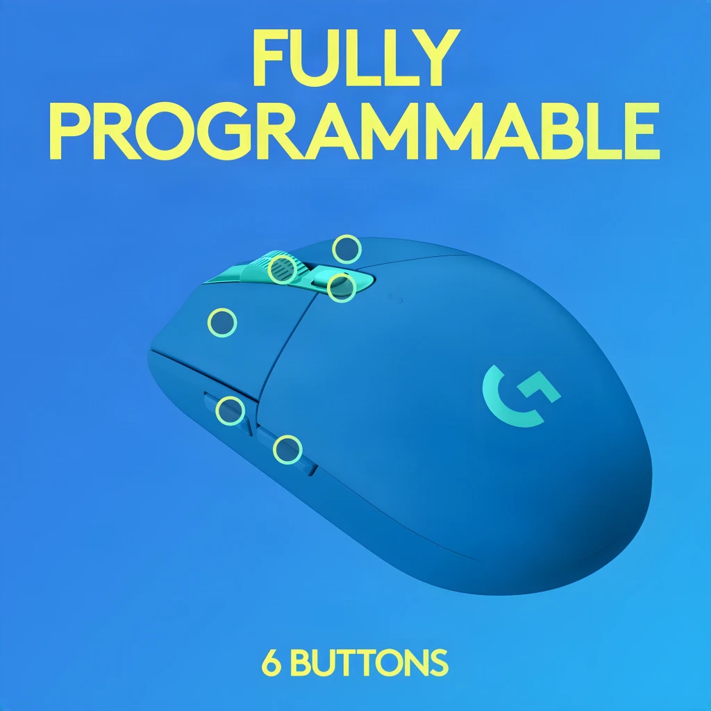 Logitech Ratón G305 Lightspeed Wireless Azul, vista superior: logo G iluminado en turquesa y rueda de desplazamiento - Ítem7