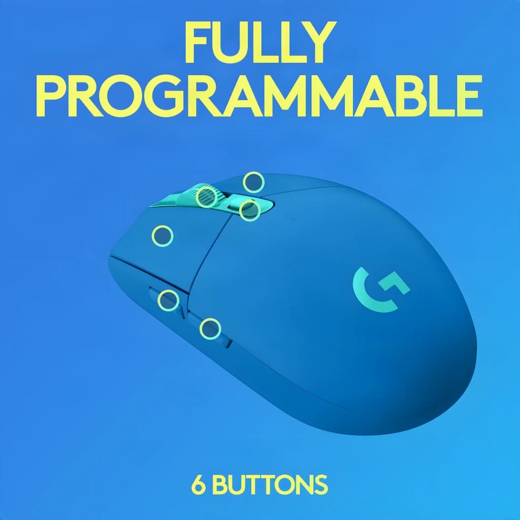 Logitech Souris G305 Lightspeed Wireless Bleu, vue latérale: 6 boutons programmables signalés par des cercles jaunes