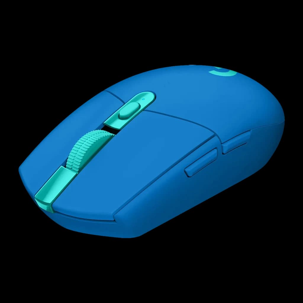 Logitech Souris G305 Lightspeed Wireless Bleu, vue avant en angle: molette et boutons turquoise, logo G illuminé