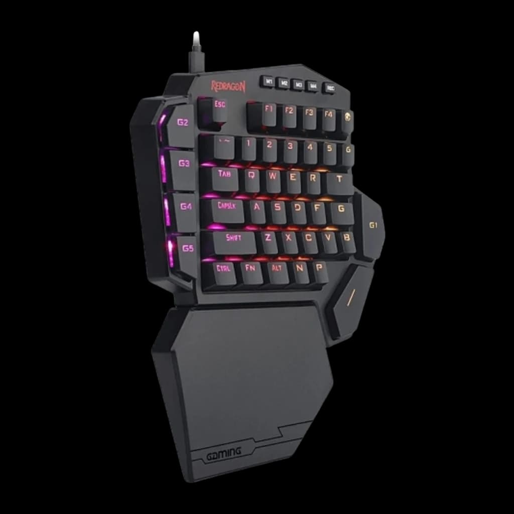 Redragon DITI Mini Teclado Mecánico Gaming RGB Keypad negro, vista en ángulo: iluminación rosa-naranja con cable USB visible