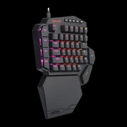 Redragon DITI Mini Teclado Mecánico Gaming RGB Keypad negro, vista en ángulo: iluminación rosa-naranja con cable USB visible