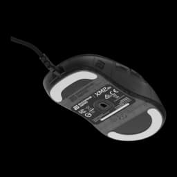 Endgame Gear XM2 8k Dark Frost, vista inferior en ángulo: sensor, pies blancos y carcasa translúcida desde perspectiva