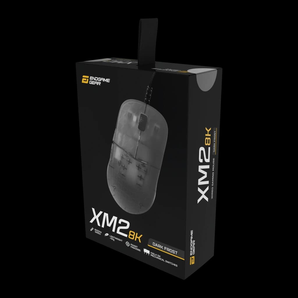 Endgame Gear XM2 8K Dark Frost, caja: packaging negro en ángulo con ratón transparente y logo dorado en lateral