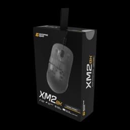 Endgame Gear XM2 8K Dark Frost, caja: packaging negro en ángulo con ratón transparente y logo dorado en lateral