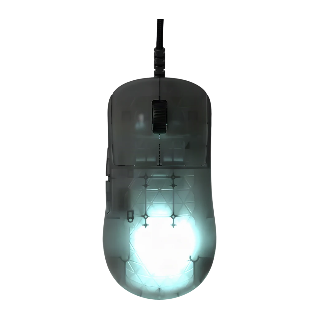 Endgame Gear OP1 RGB rato gaming, vista superior: carcaça transparente com iluminação RGB cyan acesa e cabo trançado - Item