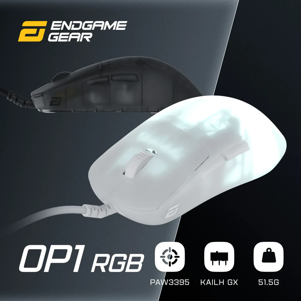 Endgame Gear OP1 RGB rato gaming, vista superior: carcaça transparente com iluminação RGB cyan acesa e cabo trançado - Item4