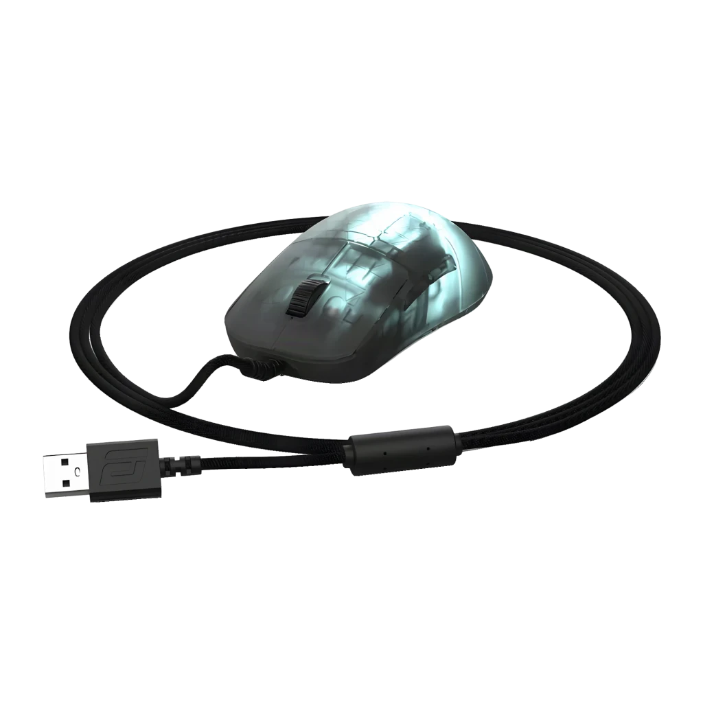 Endgame Gear OP1 RGB rato gaming, vista superior: carcaça transparente com iluminação RGB cyan acesa e cabo trançado - Item3