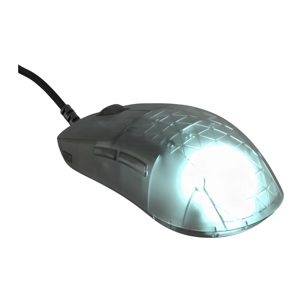 Endgame Gear OP1 RGB rato gaming, vista superior: carcaça transparente com iluminação RGB cyan acesa e cabo trançado - Item1