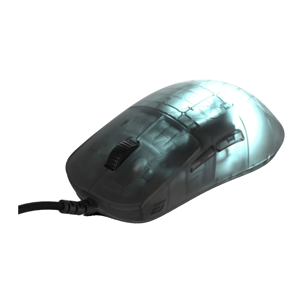 Endgame Gear OP1 RGB rato gaming, vista superior: carcaça transparente com iluminação RGB cyan acesa e cabo trançado - Item2
