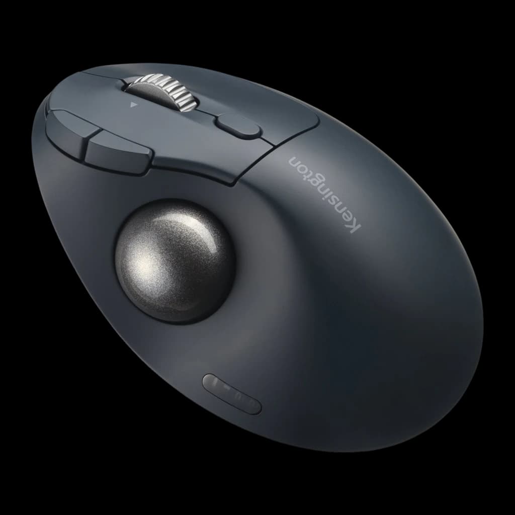 Kensington Trackball Pro Fit Ergo TB550 preto azul, vista superior lateral: bola prateada, roda de rolagem e botões laterais