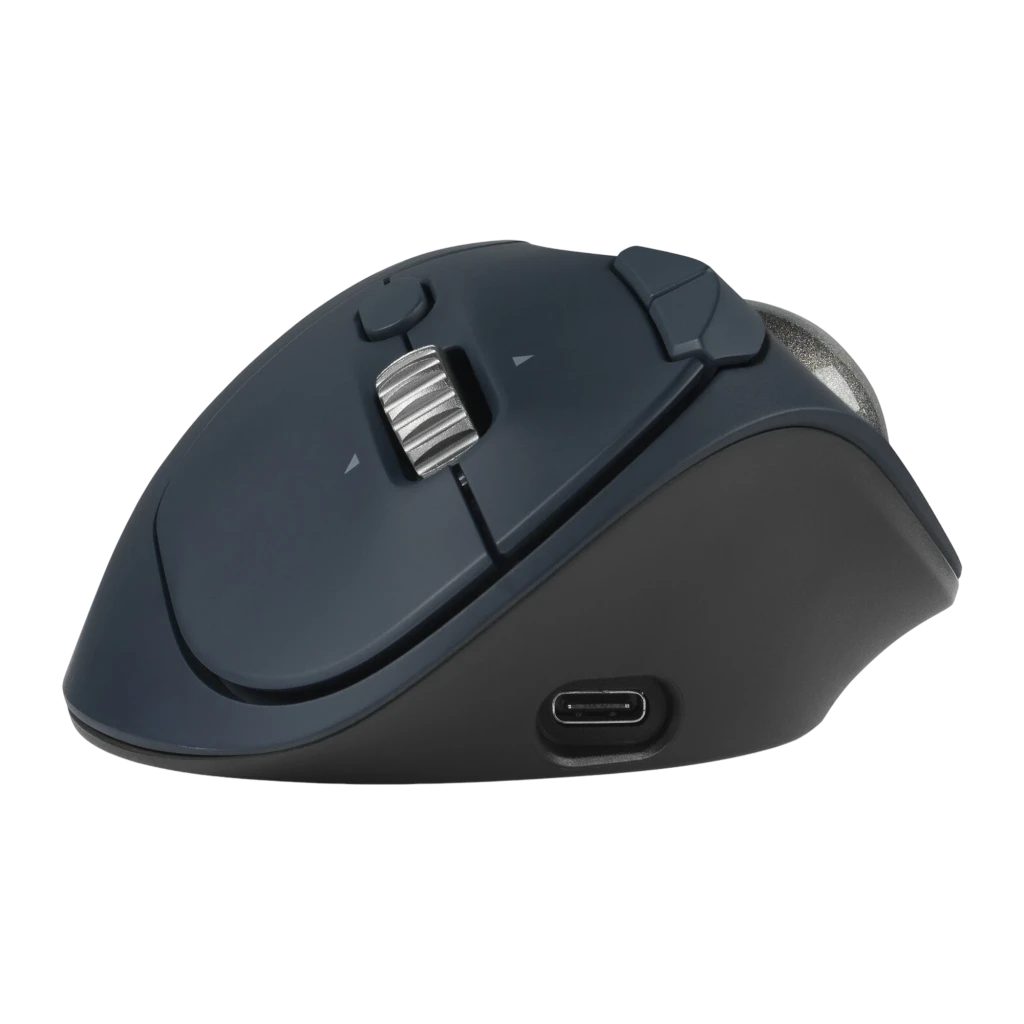 Kensington Trackball Pro Fit Ergo TB550 negro azul, vista superior lateral: bola plateada, rueda de desplazamiento y botones - Ítem3