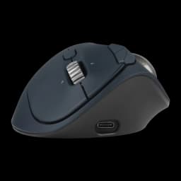 Kensington Pro Fit Ergo TB550 negro-azul, vista lateral izquierda: perfil ergonómico elevado, puerto USB-C visible en la base