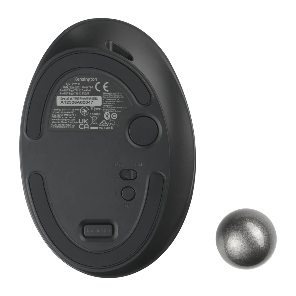 Kensington Trackball Pro Fit Ergo TB550 negro azul, vista superior lateral: bola plateada, rueda de desplazamiento y botones - Ítem4