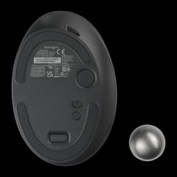 Kensington Pro Fit Ergo TB550 negro-azul, vista inferior con bola extraída: etiqueta técnica, botones de DPI y bola