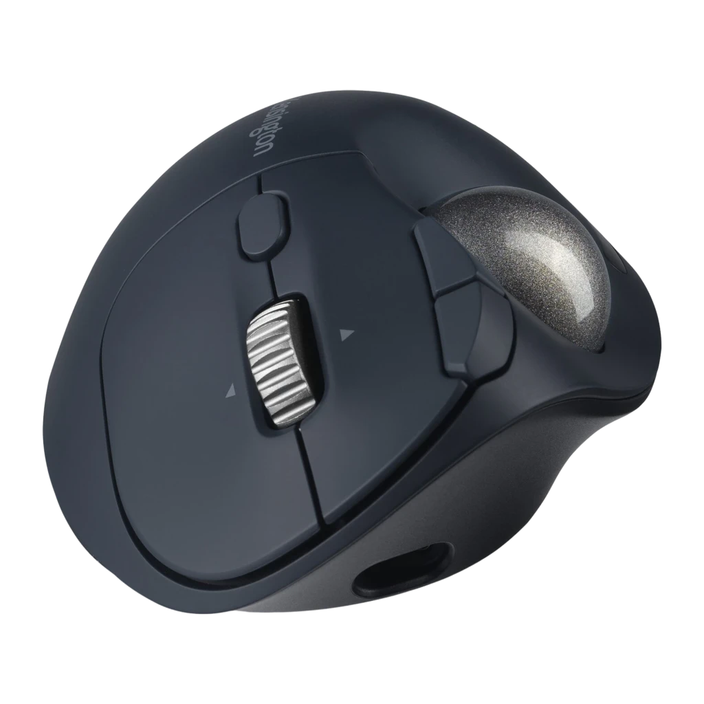 Kensington Trackball Pro Fit Ergo TB550 negro azul, vista superior lateral: bola plateada, rueda de desplazamiento y botones - Ítem2