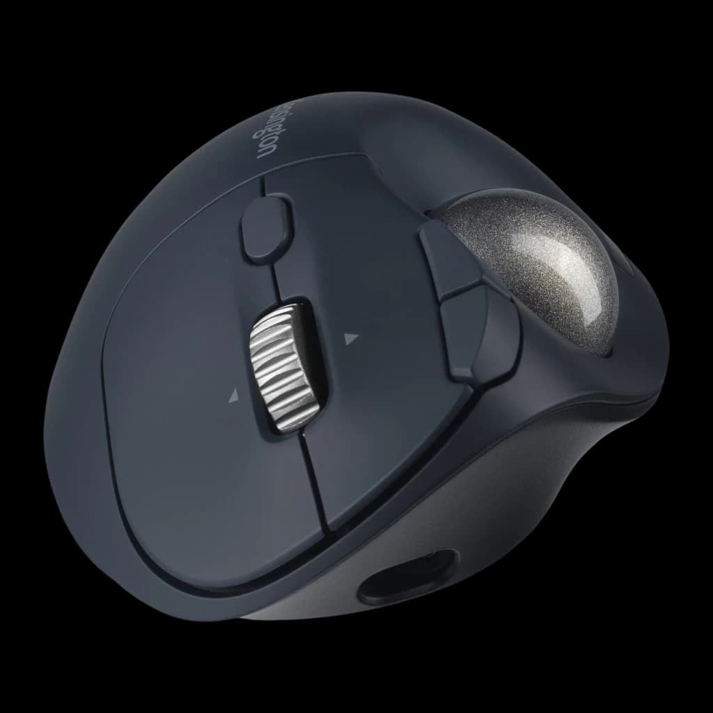 Kensington Pro Fit Ergo TB550 preto-azul, vista superior em ângulo: forma ergonómica, roda metálica, botões e bola trackball