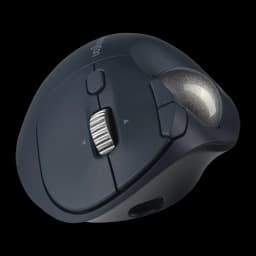 Kensington Pro Fit Ergo TB550 negro-azul, vista superior en ángulo: forma ergonómica, rueda metálica, botones y bola