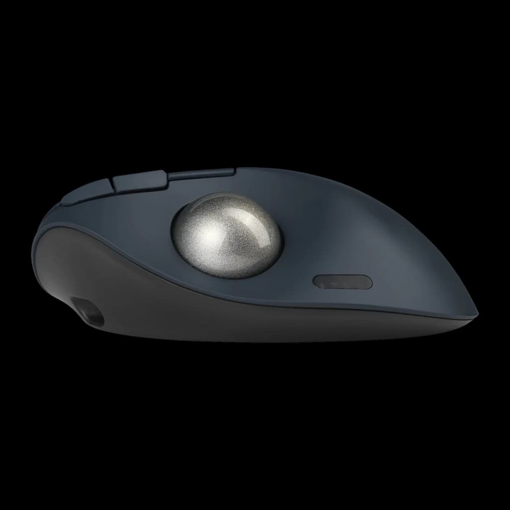 Kensington Trackball Pro Fit Ergo TB550 preto azul, vista lateral: perfil ergonómico, bola prateada e botões superiores
