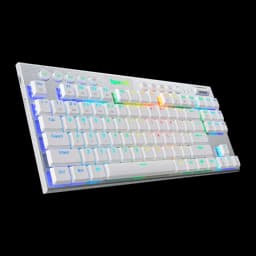 Redragon HORUS TKL Blanco, vista en ángulo frontal izquierdo: RGB multicolor, logo Redragon verde y lateral izquierdo visible