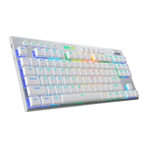 Redragon HORUS TKL Blanc, angle avant gauche: RGB multicolore, logo Redragon vert et côté gauche visible
