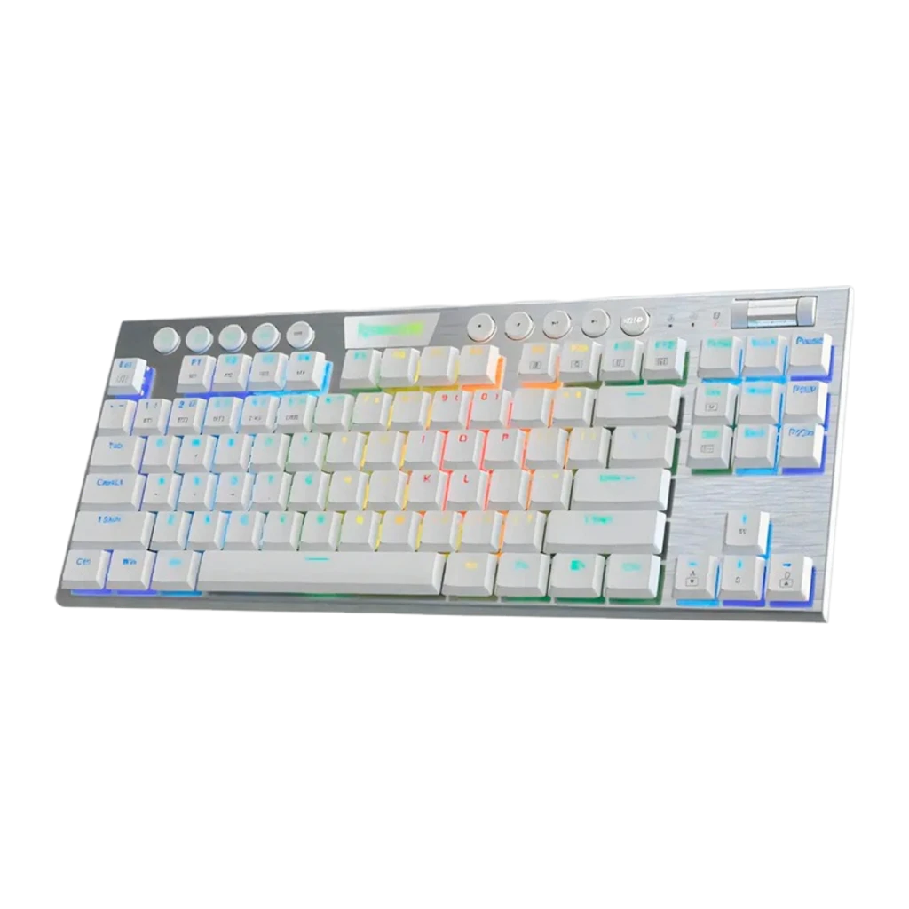 Redragon HORUS TKL Blanc, angle avant gauche: RGB multicolore, logo Redragon vert et côté gauche visible - Ítem2