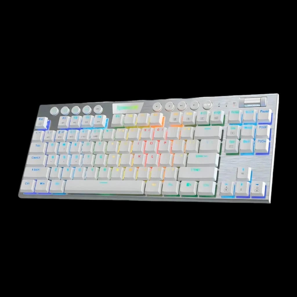 Redragon HORUS TKL Blanco, vista en ángulo frontal derecho: RGB multicolor, botones multimedia y volumen en la parte superior
