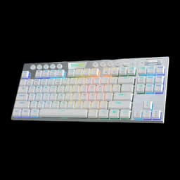 Redragon HORUS TKL Blanco, vista en ángulo frontal derecho: RGB multicolor, botones multimedia y volumen en la parte superior