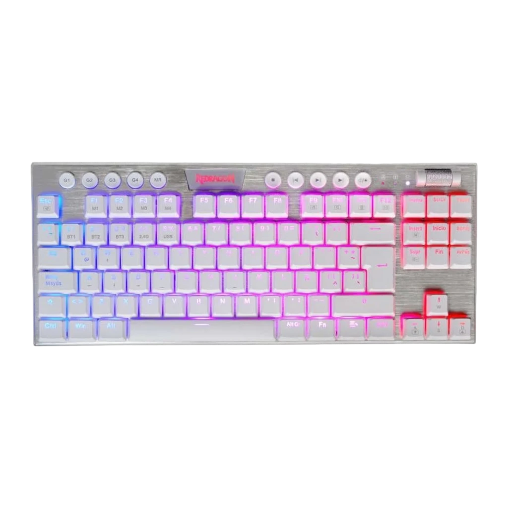 Redragon HORUS TKL Blanc, angle avant gauche: RGB multicolore, logo Redragon vert et côté gauche visible - Ítem1