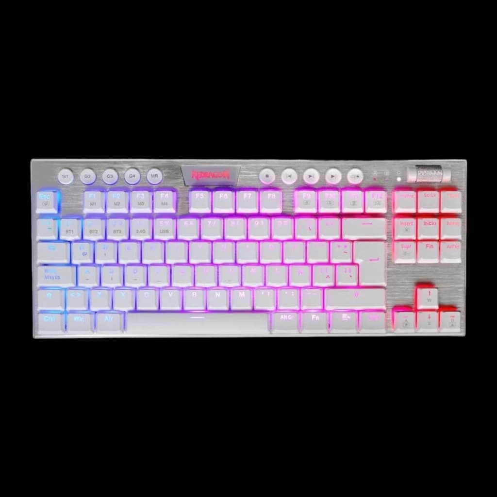 Redragon HORUS TKL Blanco, vista superior: iluminación RGB rosa y azul, teclas blancas y marco metálico cepillado