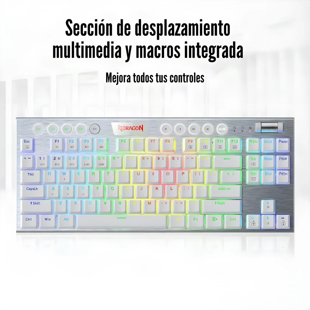 Redragon HORUS TKL Blanc, angle avant gauche: RGB multicolore, logo Redragon vert et côté gauche visible - Ítem4