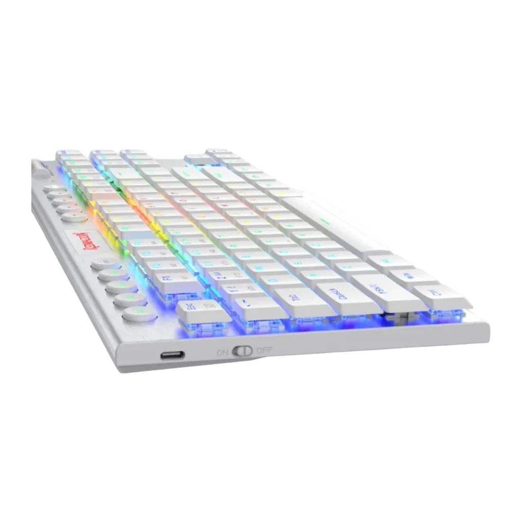 Redragon HORUS TKL Blanc, angle avant gauche: RGB multicolore, logo Redragon vert et côté gauche visible - Ítem3
