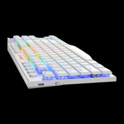 Redragon HORUS TKL Blanco, vista lateral en perspectiva: iluminación RGB entre teclas transparentes y switch ON/OFF visible