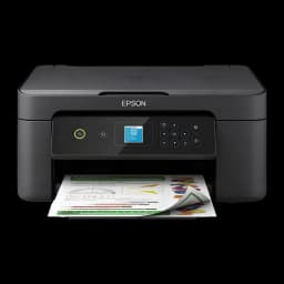 Epson Expression Home XP-3205 noir, vue avant: panneau de commande avec écran LCD et feuilles imprimées dans le bac de sortie