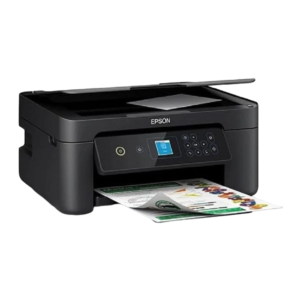 Epson Expression Home XP-3205 preto, vista frontal: painel de controlo com ecrã LCD e folhas impressas no tabuleiro de saída - Item2