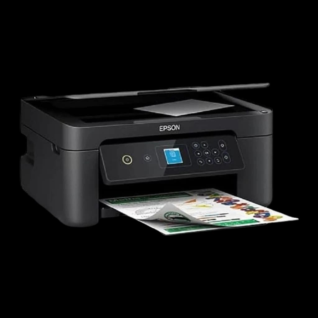 Epson Expression Home XP-3205 noir, vue en angle: couvercle scanner fermé et feuilles imprimées sur le bac