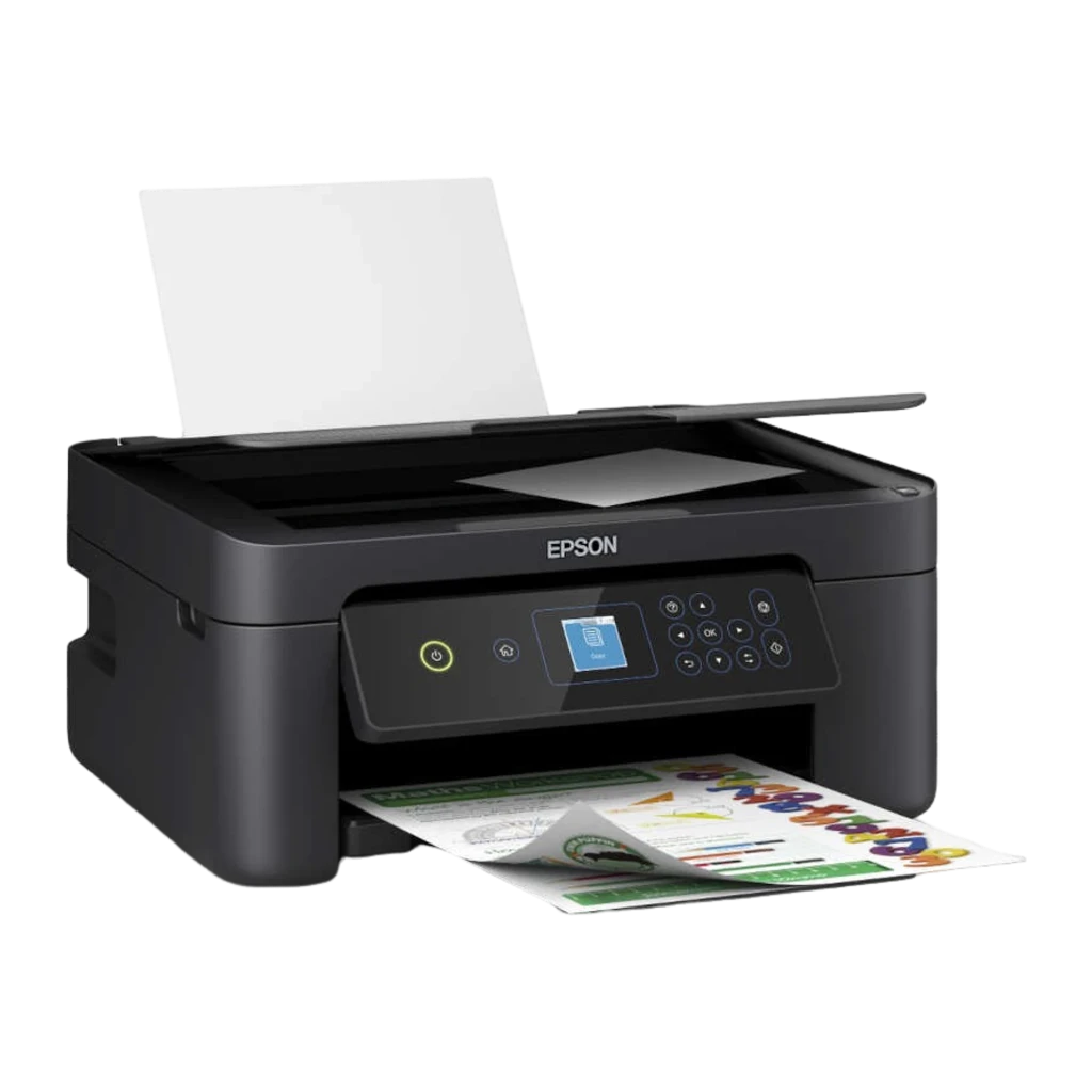 Epson Expression Home XP-3205 preto, vista frontal: painel de controlo com ecrã LCD e folhas impressas no tabuleiro de saída - Item1