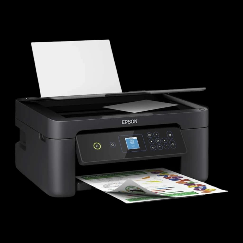 Epson Expression Home XP-3205 noir, vue en angle: couvercle scanner ouvert révélant la vitre et feuilles sur le bac