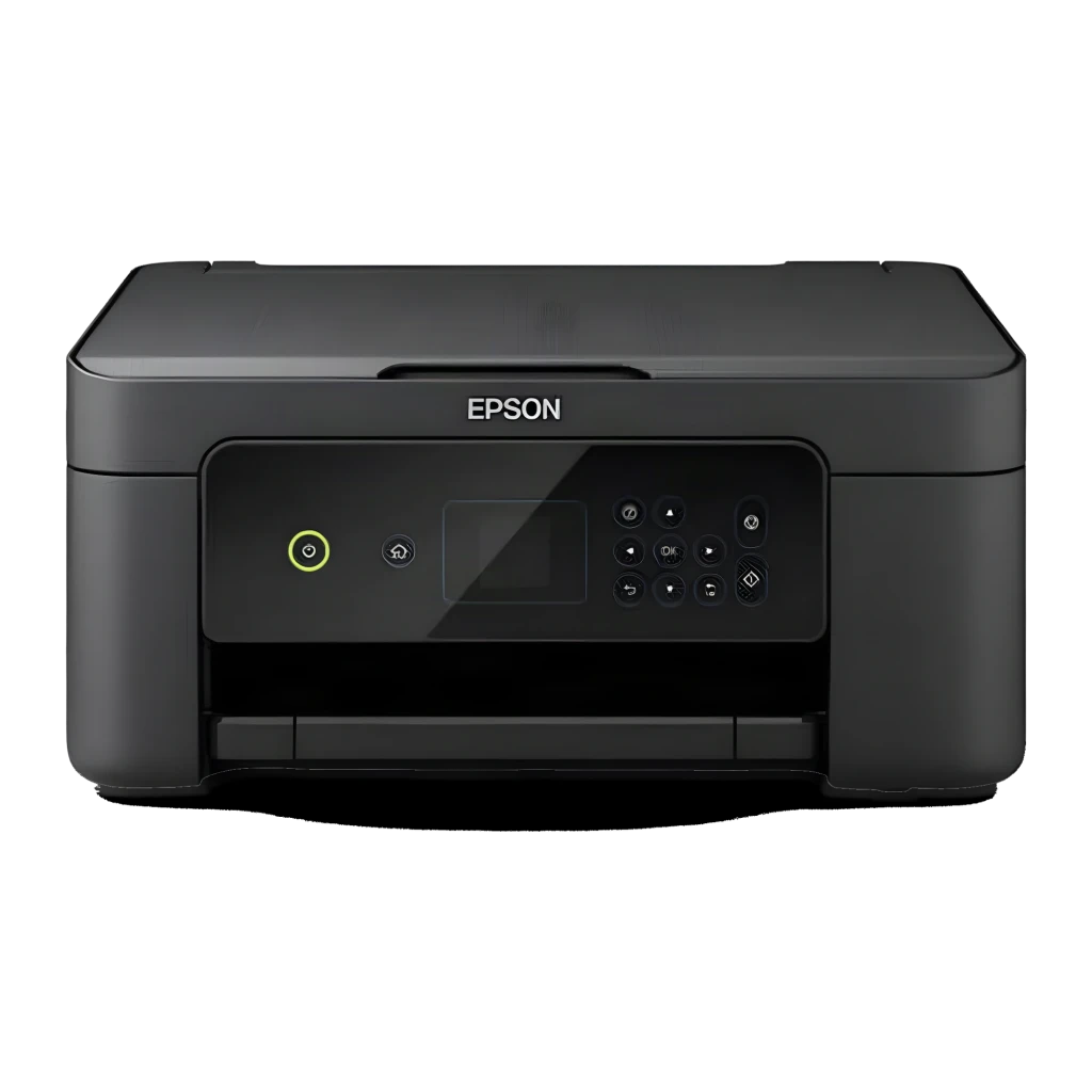 Epson Expression Home XP-3205 preto, vista frontal: painel de controlo com ecrã LCD e folhas impressas no tabuleiro de saída - Item3
