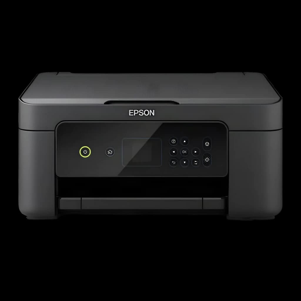 Epson Expression Home XP-3205 noir, vue de face: panneau de commande avec bouton d'alimentation jaune, écran et touches