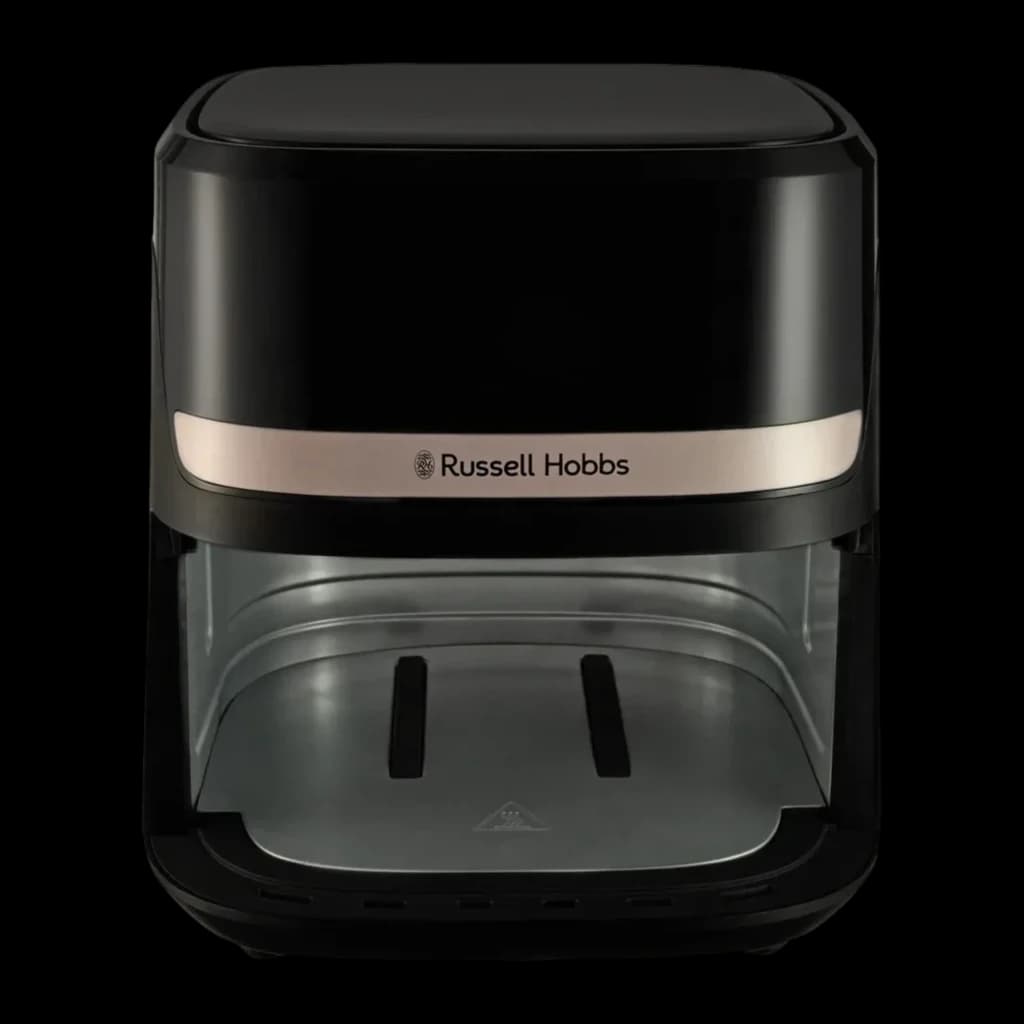 Russell Hobbs SatisFry 4,3 L noir, vue de face: tiroir transparent, bande dorée avec logo et couvercle supérieur