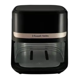 Russell Hobbs SatisFry 4,3 L noir, vue de face: tiroir transparent, bande dorée avec logo et couvercle supérieur