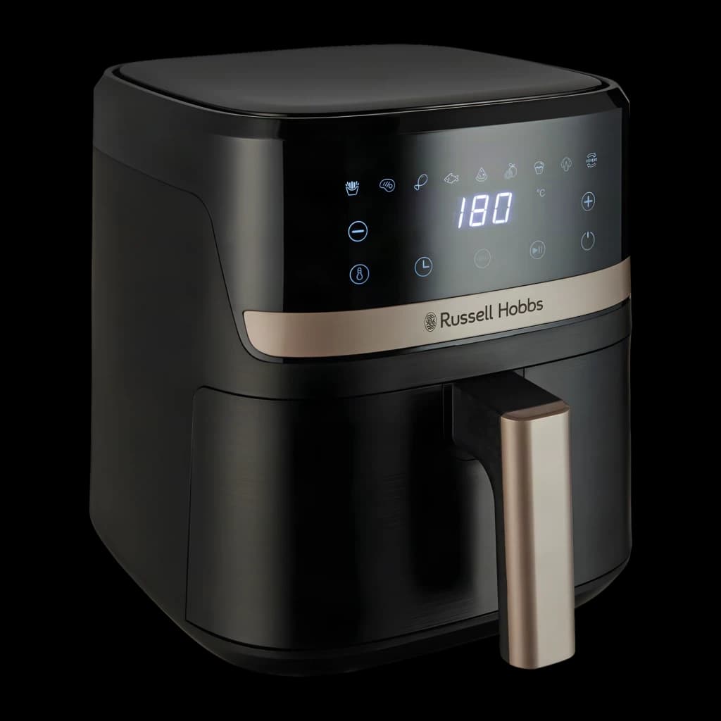 Russell Hobbs SatisFry friteuse air 4.3L noire, vue latérale: panneau tactile digital 180°C et poignée dorée