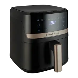 Russell Hobbs SatisFry friteuse air 4.3L noire, vue latérale: panneau tactile digital 180°C et poignée dorée