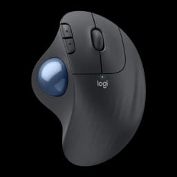 Logitech ERGO M575S grafito, vista frontal lateral: trackball azul, rueda de desplazamiento y logo logi con LED verde
